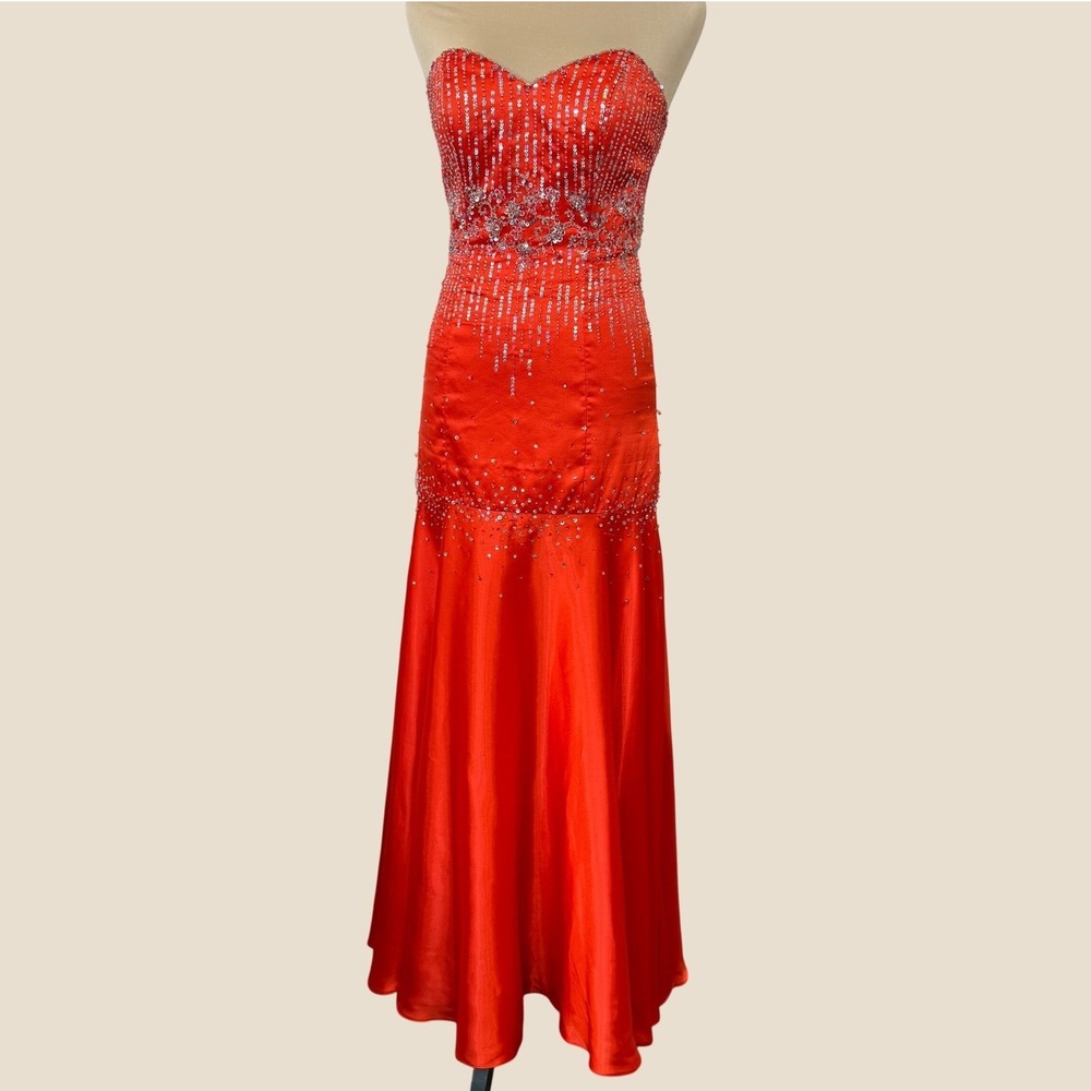 Mori Lee Prom Dress Gown Size Juniors 5/6 Red-Orange Sequin Mermaid Formal‎ Glam